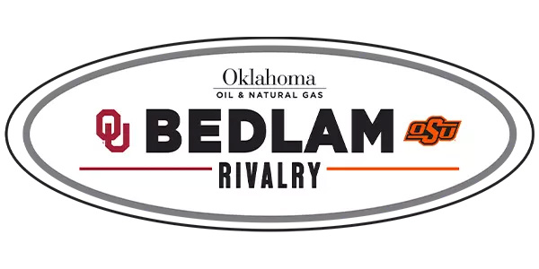 An oval-shaped logo with a white background and a gray border. At the top, it reads 'Oklahoma Oil & Natural Gas' in black text. Below that, there are two logos: the University of Oklahoma (OU) logo on the left in red and the Oklahoma State University (OSU) logo on the right in orange. In between these logos, it says 'BEDLAM RIVALRY' in bold black text.