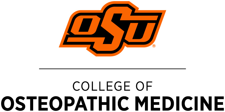Logo of Oklahoma State University (OSU) in orange and black, with the text 'College of Osteopathic Medicine' displayed below.