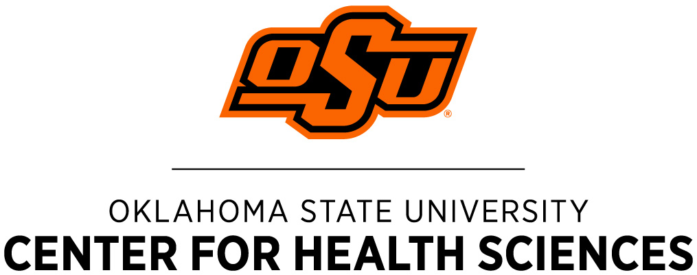 Logo of Oklahoma State University Center for Health Sciences, featuring the letters 'OSU' in orange with a black outline above a horizontal line. Below the line, the text reads 'OKLAHOMA STATE UNIVERSITY CENTER FOR HEALTH SCIENCES' in black capital letters.