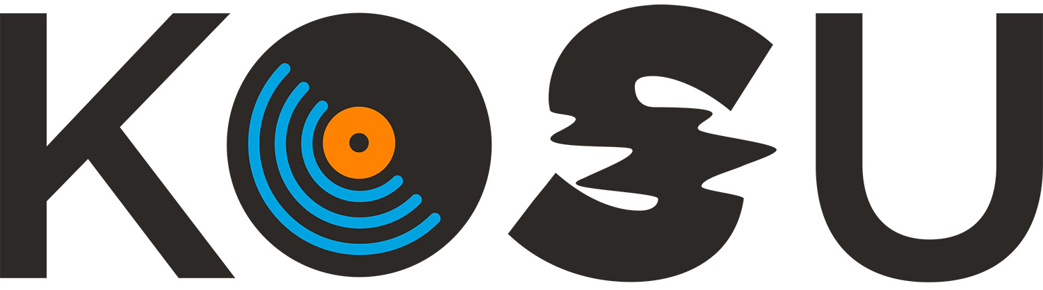 The logo of KOSU, a public radio station, featuring the letters 'KOSU' in bold black font. To the left of the 'K' is a circular design with blue curved lines and an orange dot in the center.