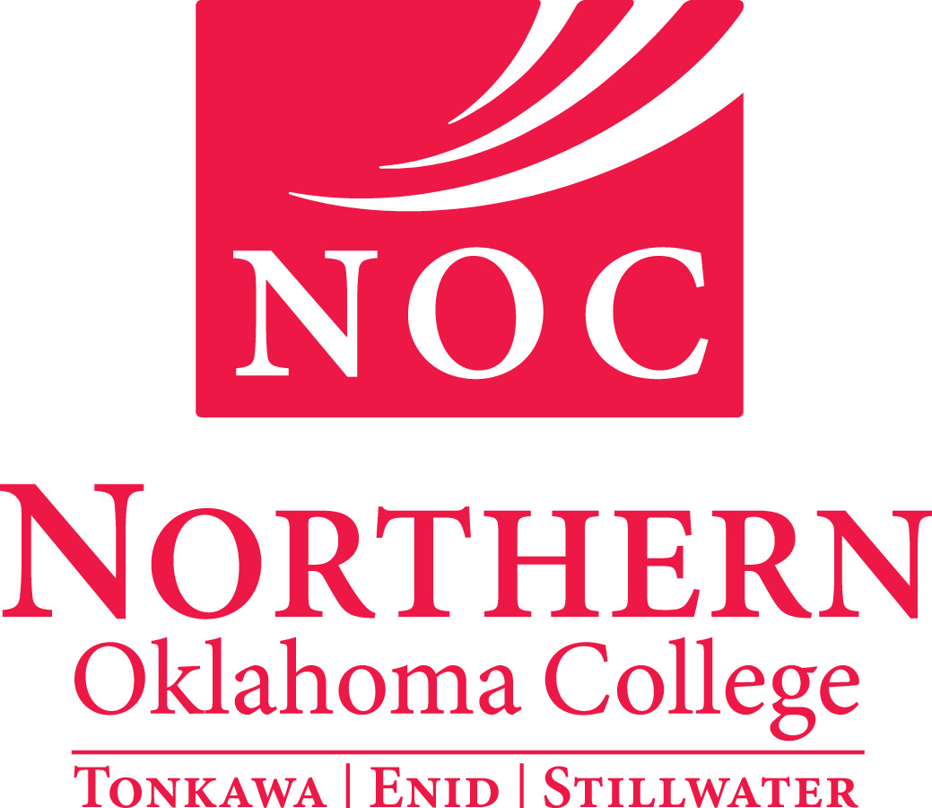 The logo of Northern Oklahoma College, featuring a red square with white curved lines at the top and the letters 'NOC' in white below. Beneath the square, large red text reads 'NORTHERN Oklahoma College,' followed by smaller red text listing the locations: 'TONKAWA | ENID | STILLWATER.
