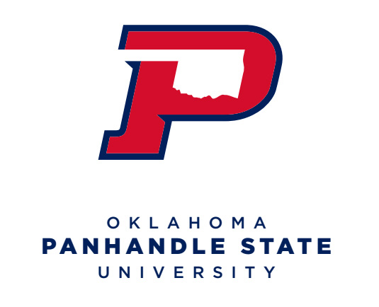 The logo of Oklahoma Panhandle State University, featuring a large red letter 'P' with a white silhouette of the state of Oklahoma inside it. Below the 'P,' the text reads 'OKLAHOMA PANHANDLE STATE UNIVERSITY' in blue capital letters.