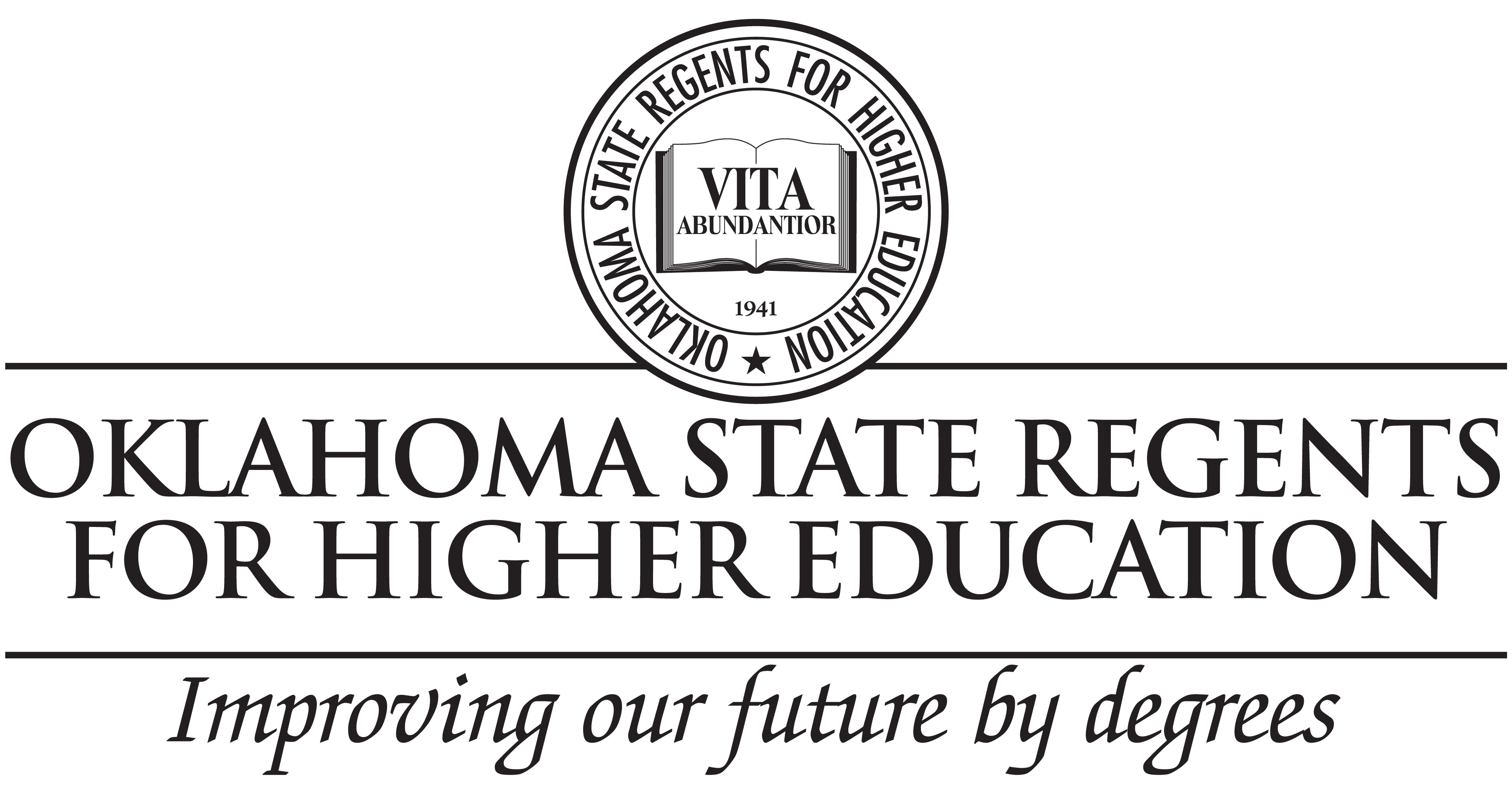Logo of the Oklahoma State Regents for Higher Education, featuring a circular emblem with the words 'OKLAHOMA STATE REGENTS FOR HIGHER EDUCATION' around the edge, a banner reading 'VITA ARDUA NITOR' across the center, and '1941' at the bottom. Below the emblem, the text reads 'OKLAHOMA STATE REGENTS FOR HIGHER EDUCATION' and the slogan 'Improving our future by degrees.