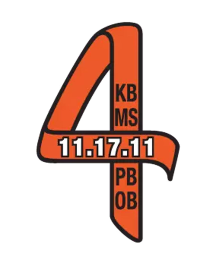 A large orange number 4 with a ribbon-like design. Inside the number are the vertically aligned initials 'KB,' 'MS,' 'PB,' and 'OB.' The date '11.17.11' is displayed across the middle of the number.