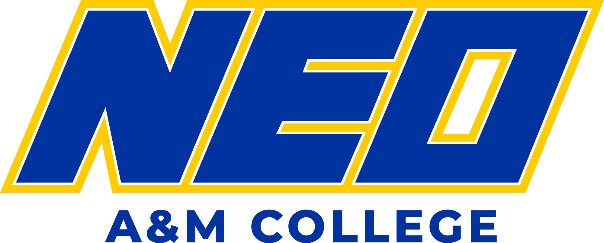 The logo of NEO A&M College, featuring the bold blue letters 'NEO' with a yellow outline, and the text 'A&M COLLEGE' in blue capital letters below.
